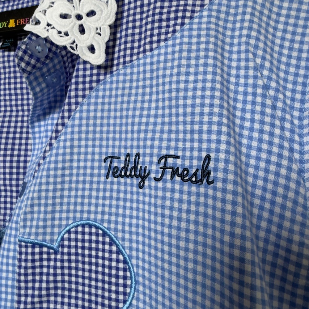 Teddy Fresh Women Gingham Shirt Dress L/XL Blue Bear Lace Trim Patchwork Oversiz - Picture 5 of 13